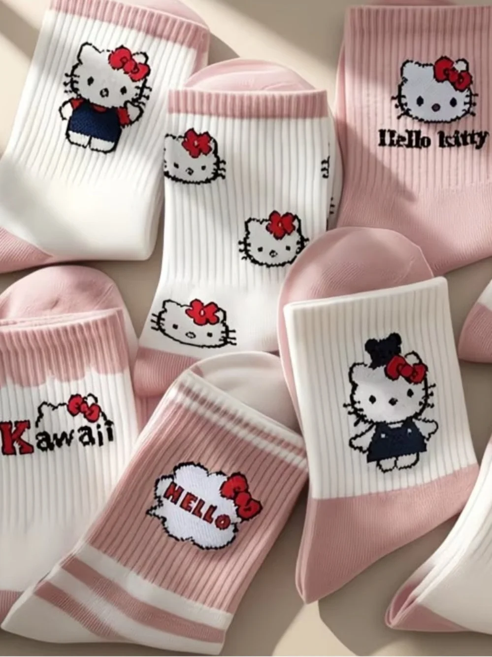 4 Pair Hello Kitty Kawaii Pink & White Crew Socks -
